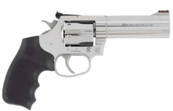 Silver revolver with black grip on white background.