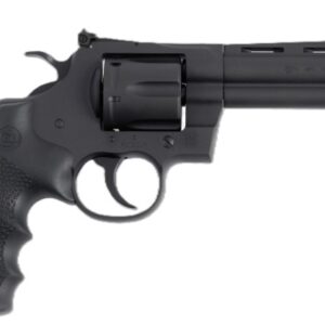 Black revolver handgun on a white background