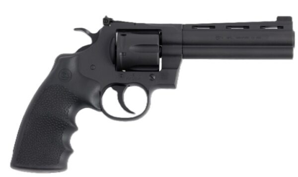 Black revolver handgun on a white background