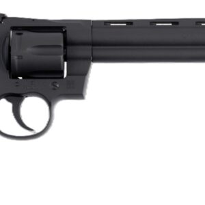 Side view of a black revolver with wood grip.