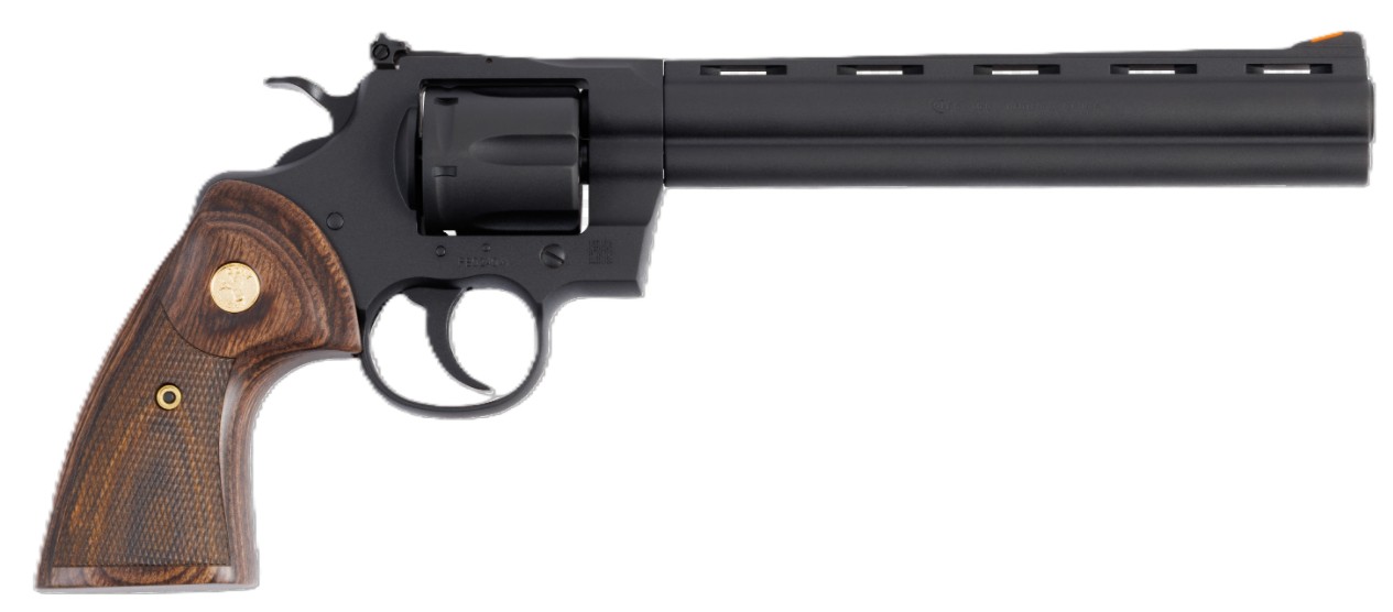 Side view of a black revolver with wood grip.