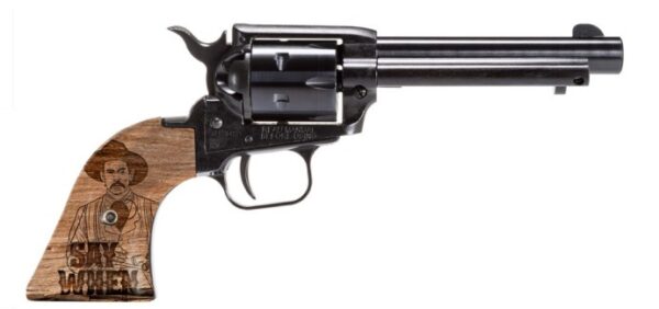 Revolver with engraved wooden grip featuring a portrait.
