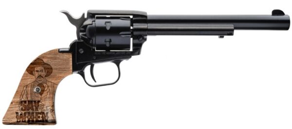 Vintage revolver with unique wooden handle design.