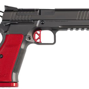 Black and red semi-automatic handgun side view