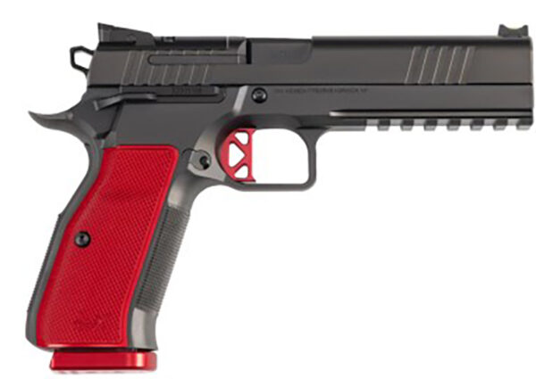 Black and red semi-automatic handgun side view