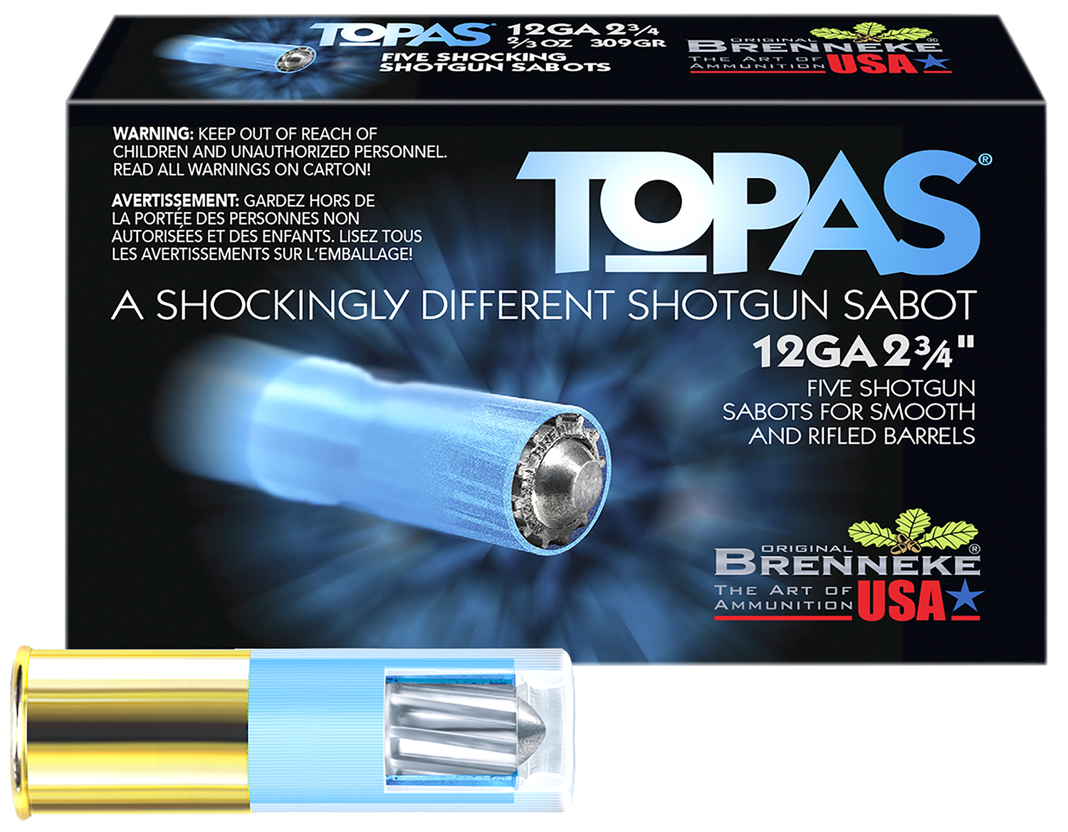 Topas 12ga shotgun sabot packaging and shell