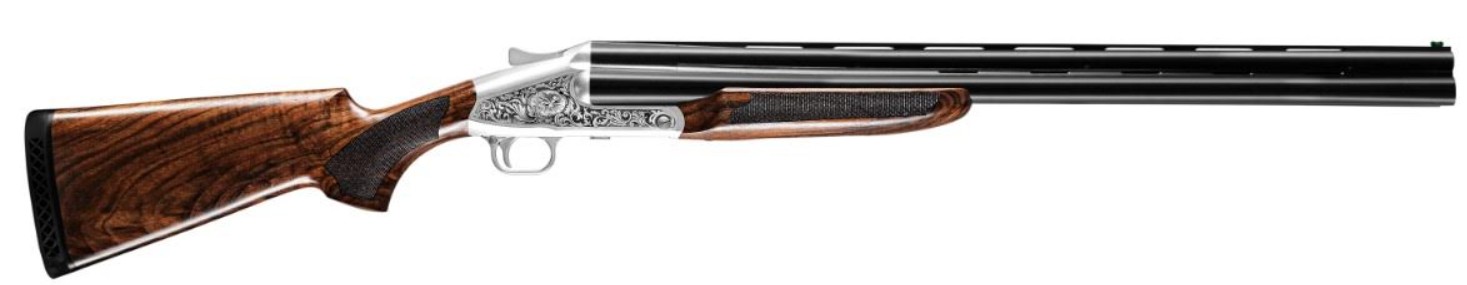 Side view of an ornate shotgun.