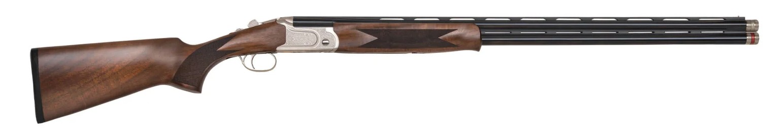 Side view of a double-barreled shotgun.