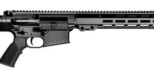 Black semi-automatic rifle with long barrel