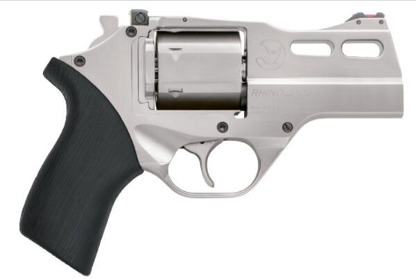 Silver revolver with a black grip