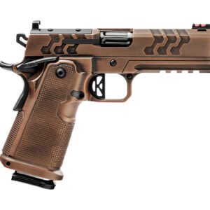 Side view of a bronze handgun on white background.