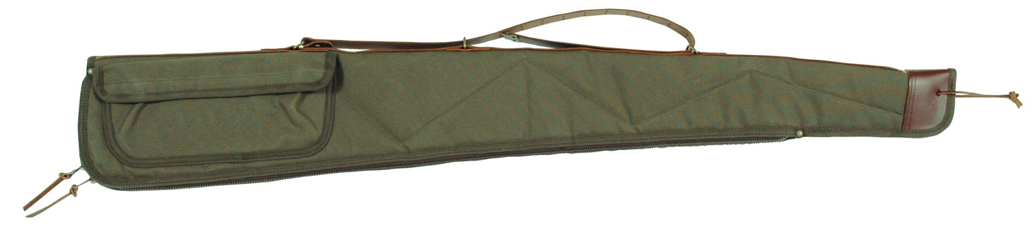 Long green fabric case with zipper and strap.