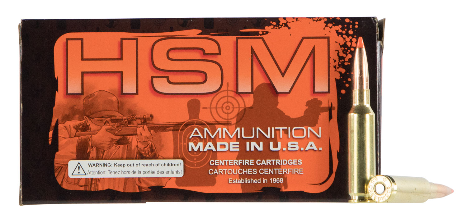 Box of HSM centerfire ammunition, made in USA.
