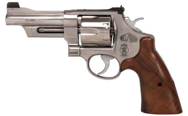 Stainless steel revolver with wooden grip.