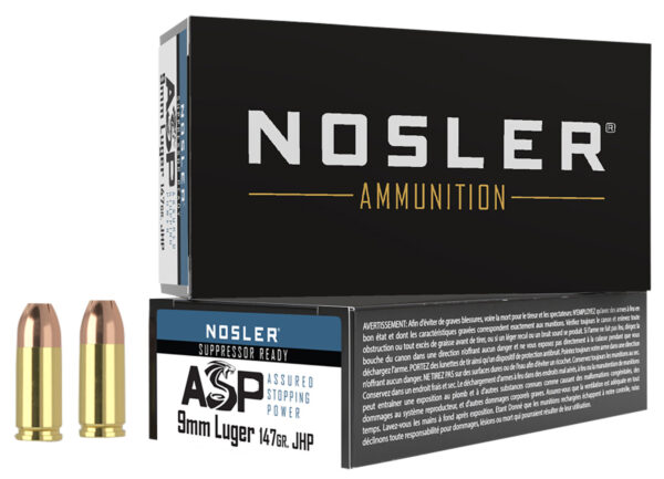 NOSLER 9mm Luger ammunition box with two bullets.