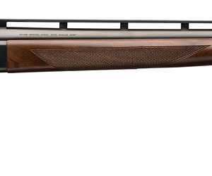 Side view of a shotgun with wooden stock.