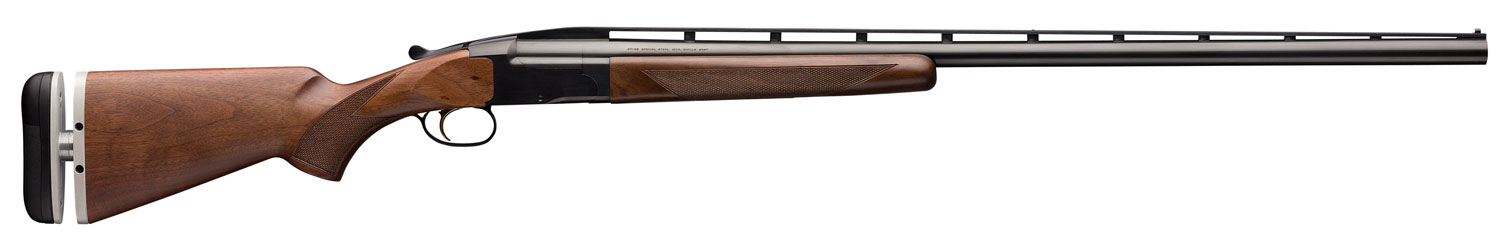 Side view of a shotgun with wooden stock.
