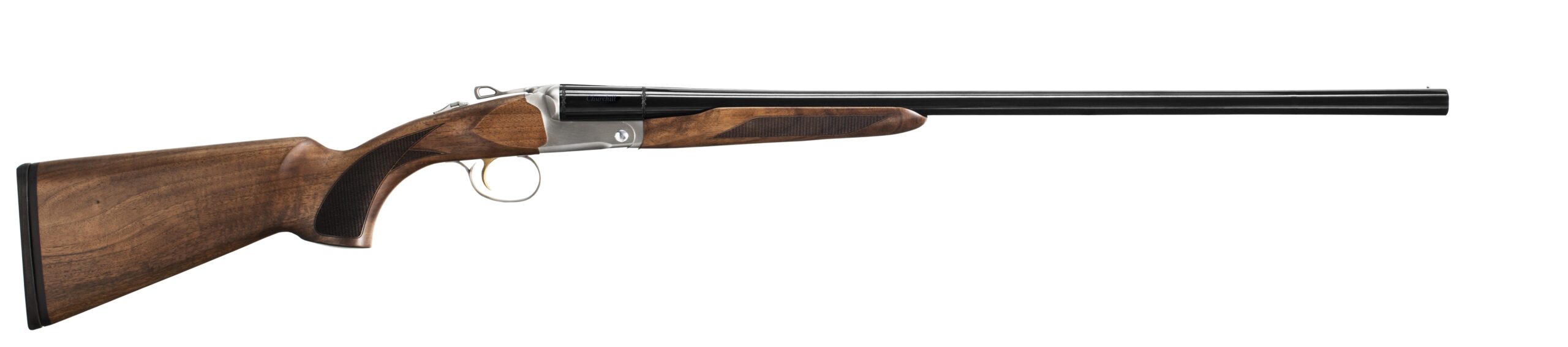 Side view of a double-barrel shotgun.