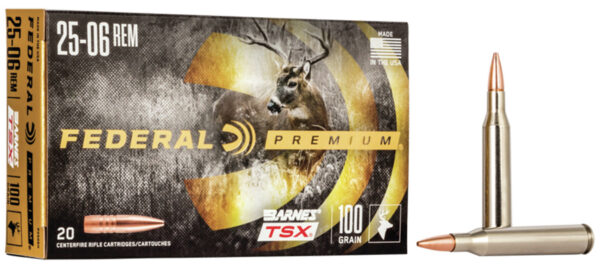 Federal Premium 25-06 Rem ammunition box and cartridges