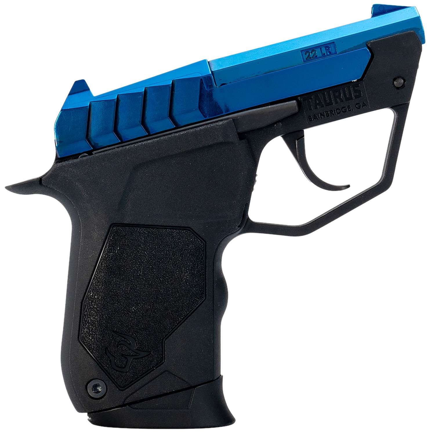 Compact black and blue pistol with textured grip