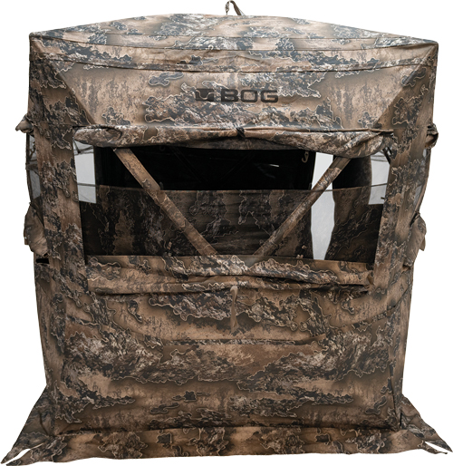 Camo hunting blind with windows for visibility.