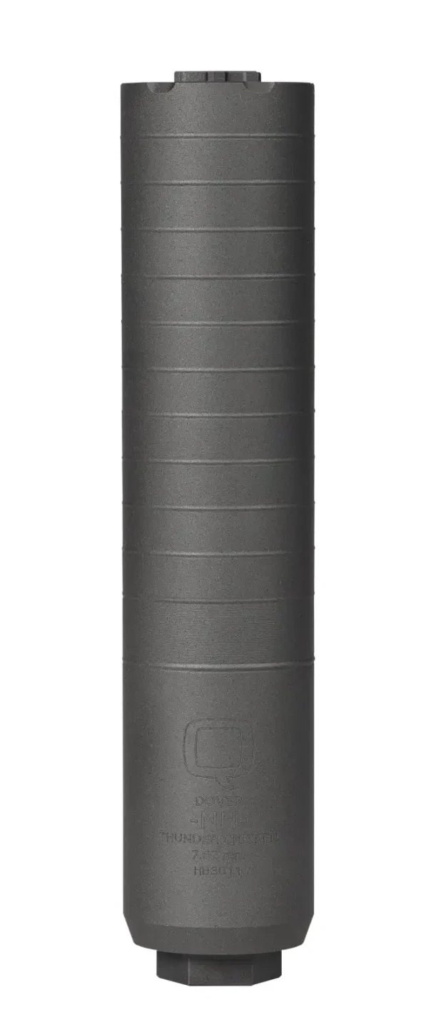 Black firearm suppressor with ribbed design