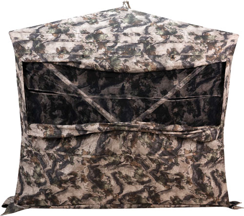Camo hunting blind with front opening and mesh.