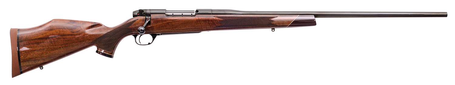Side view of a wooden stock rifle.