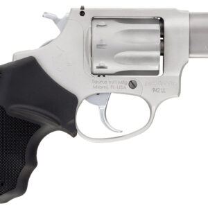 Silver revolver with black grip and details