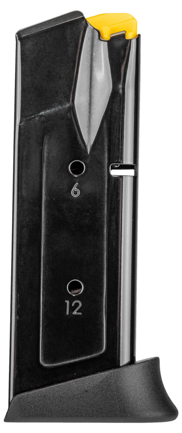 Close-up of a firearm magazine with yellow top