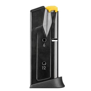 Close-up of a firearm magazine with yellow top