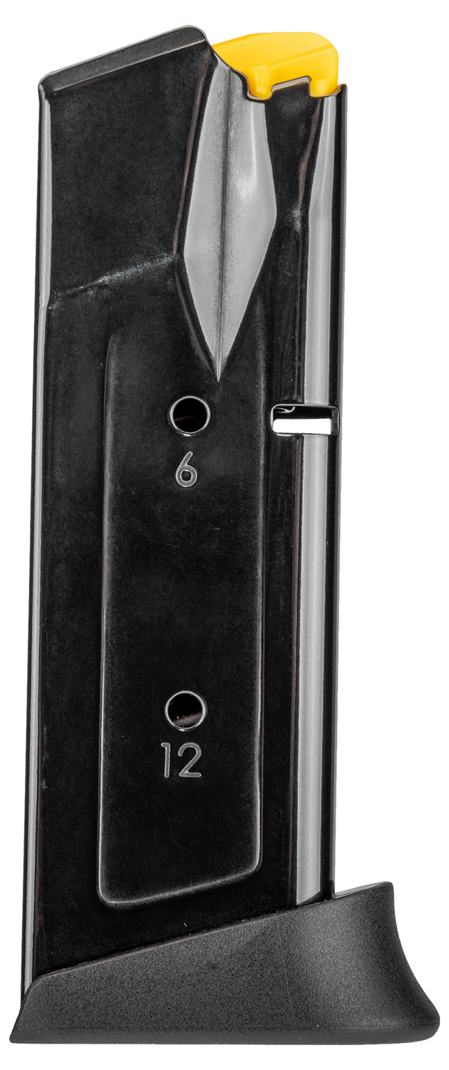Close-up of a firearm magazine with yellow top