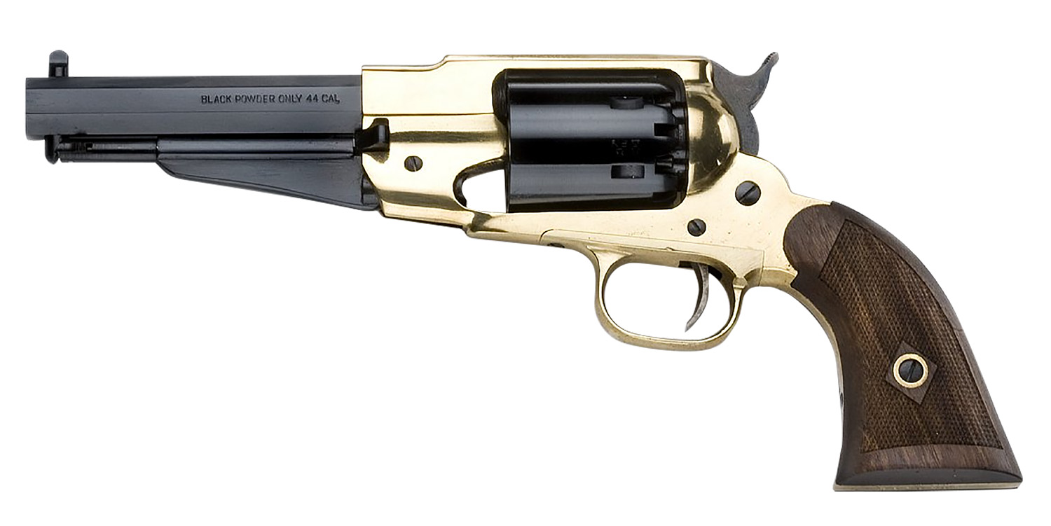 Bronze revolver with wooden grip, black barrel.