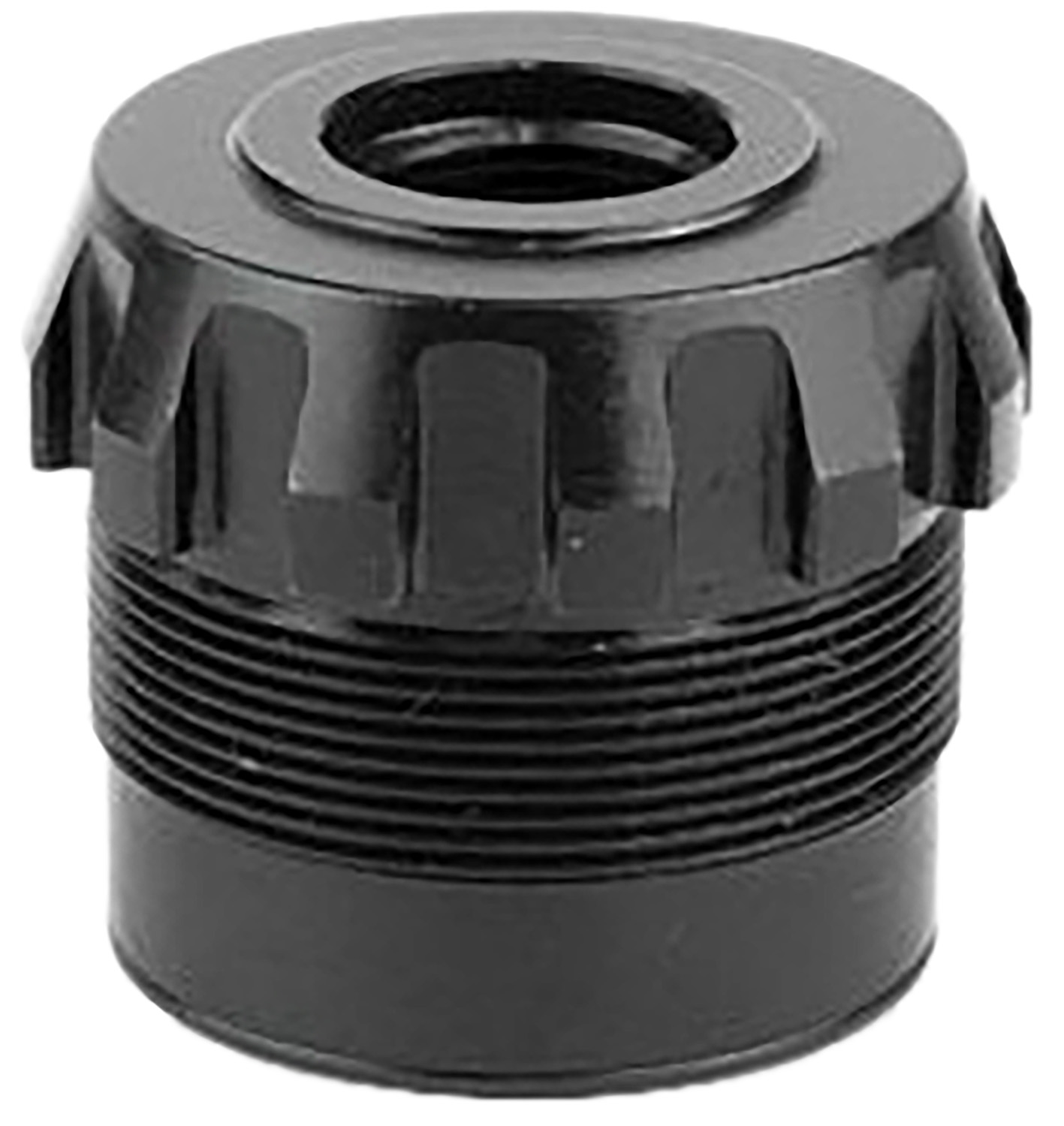 Black threaded coupling component for plumbing applications.