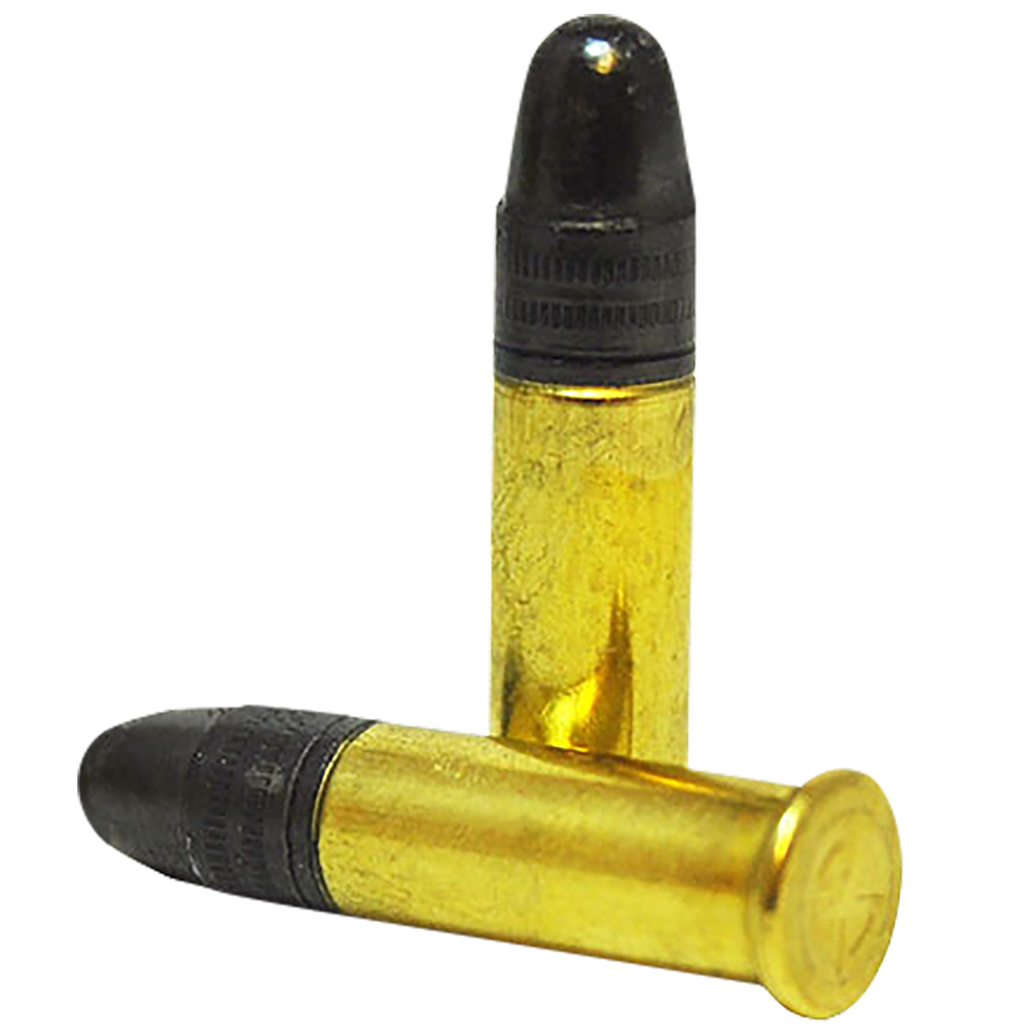 Two bullets with brass casings and black tips.