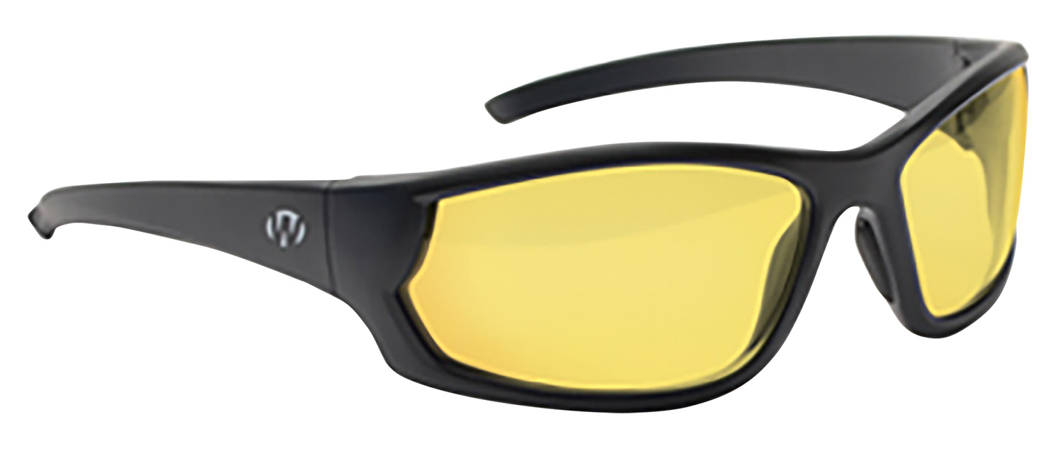 Black sunglasses with yellow lenses.