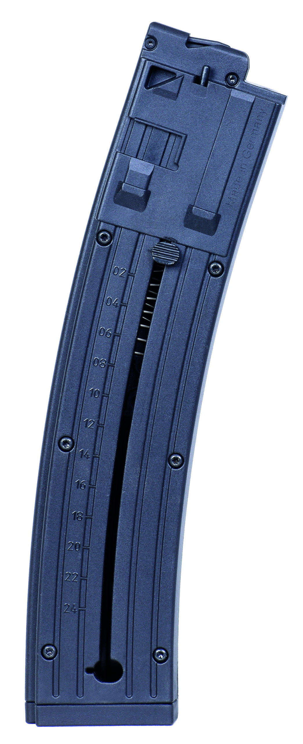 Blue magazine with measurement markings for capacity.