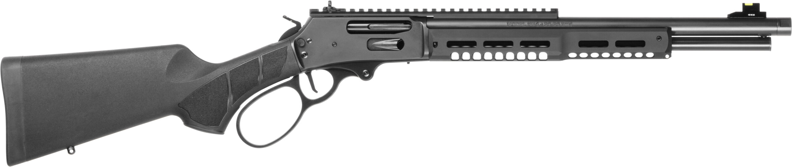 Side view of a modern rifle with black finish.