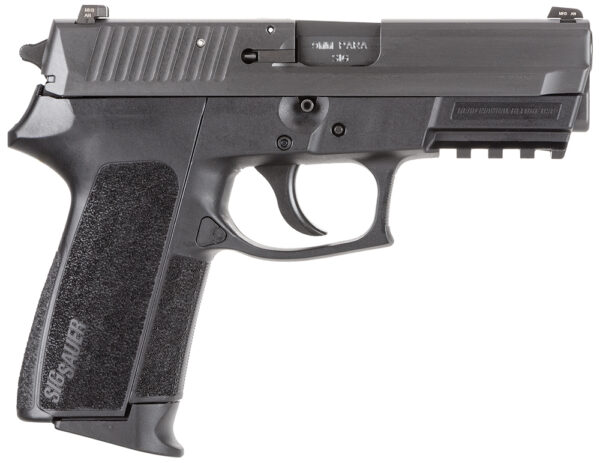 Side view of a black semi-automatic handgun.