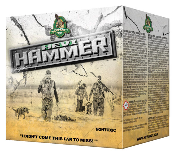 Hevi-Shot Hammer ammunition box with hunters and dog.
