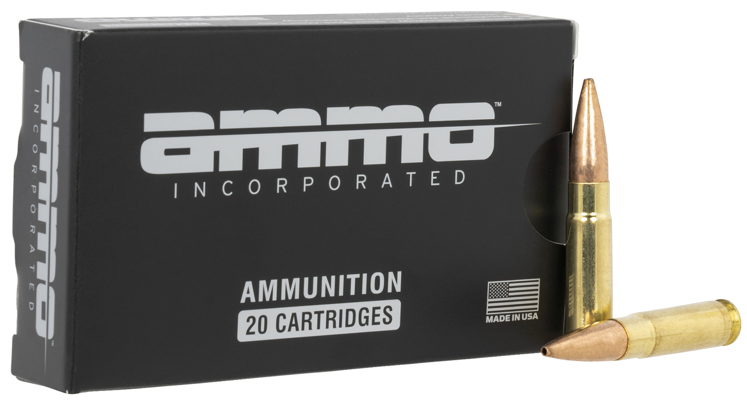 Box of ammunition with two cartridges visible.