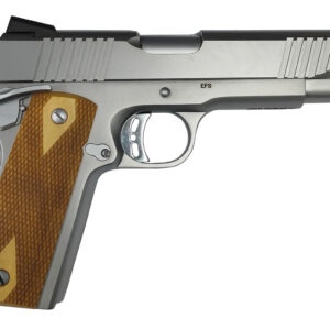 Silver pistol with wooden grip design.