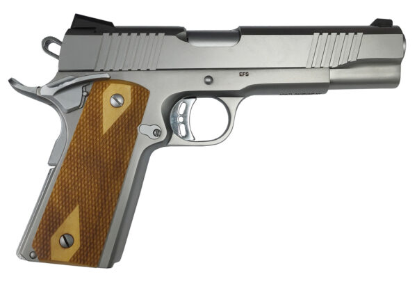 Silver pistol with wooden grip design.