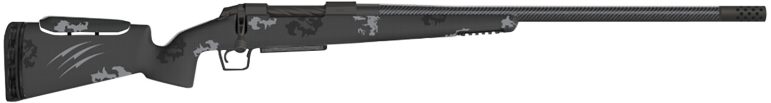 Side view of a black camouflage hunting rifle