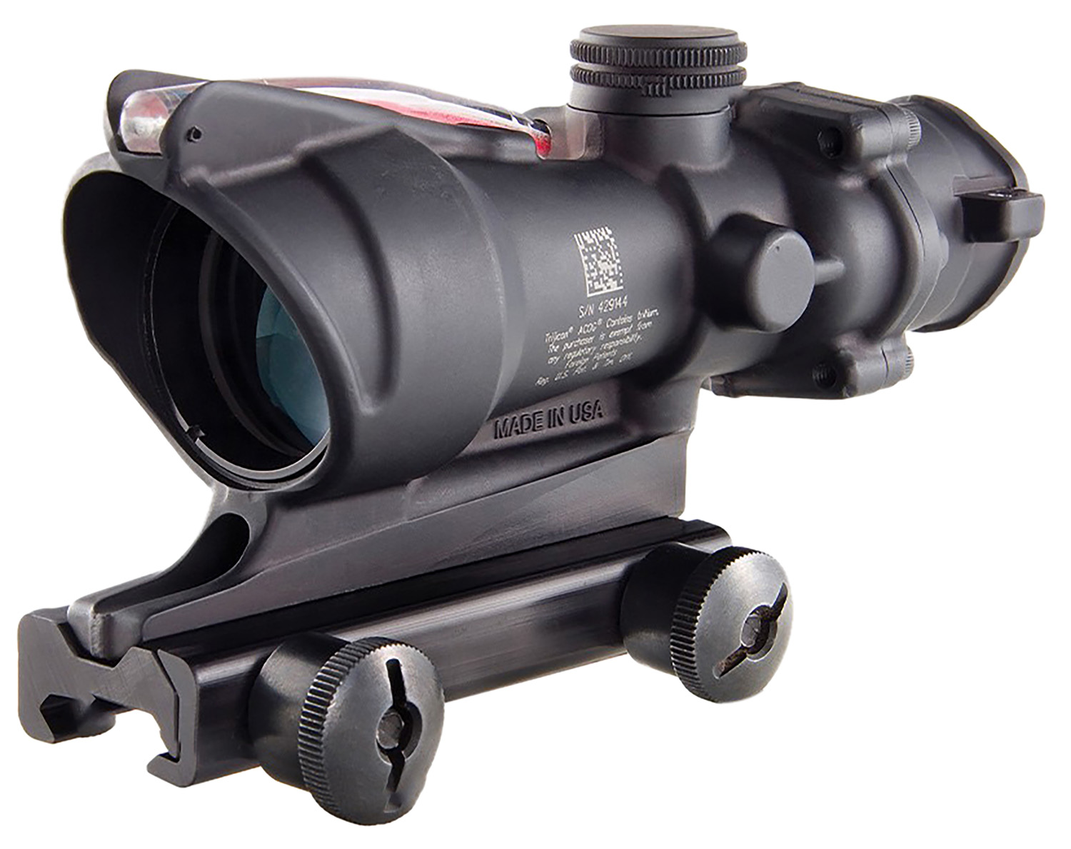 Black tactical rifle scope with mounting bracket.