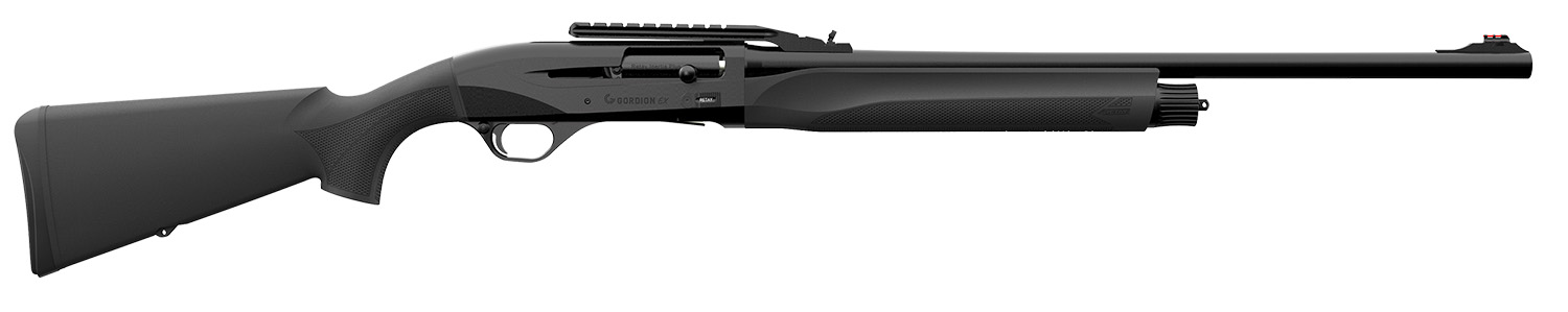 Side view of a modern black shotgun