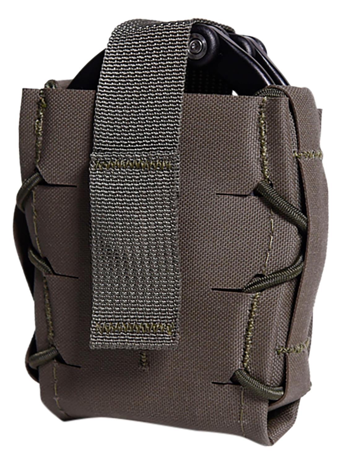 Compact tactical pouch with secure strap closure.