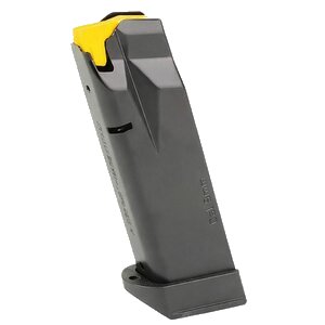 Black firearm magazine with yellow indicator.