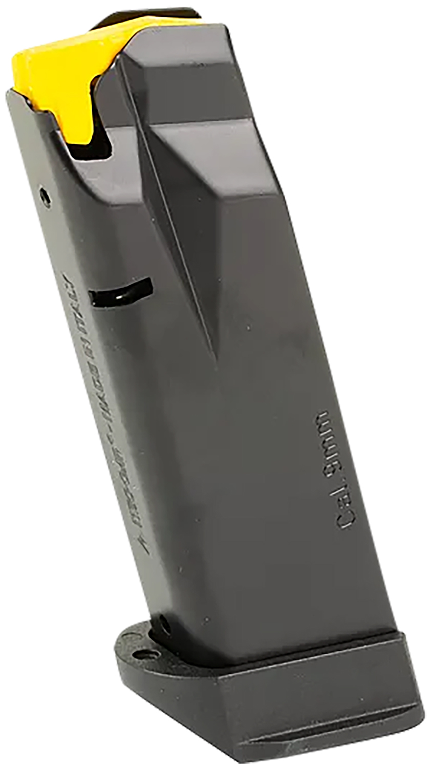 Black firearm magazine with yellow indicator.