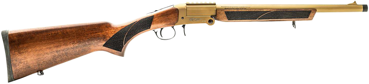 Side view of a wooden rifle with gold accents.